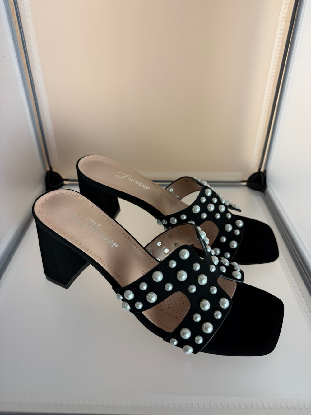 Forever Link Black Pearl-Embellished Block Heel Slide Mules Sandals Size 6.5